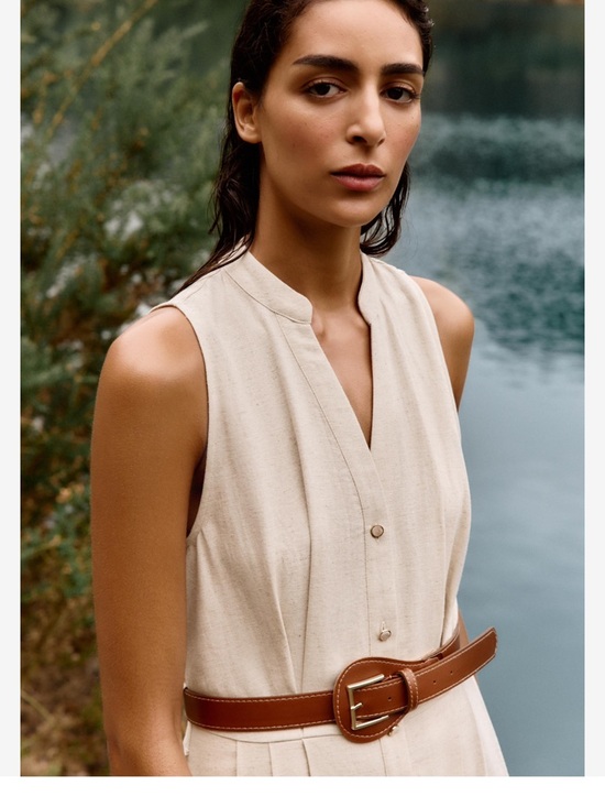 NWT Zara Belted Linen Blend Midi Dress in Tan size L - Picture 6 of 17